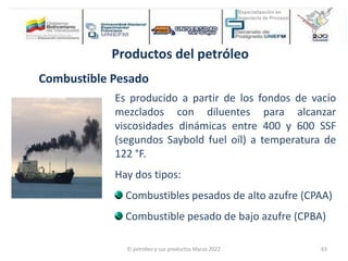 Productos del petróleo
Combustible Pesado
Es producido a partir de los fondos de vacío
mezclados con diluentes para alcanzar
viscosidades dinámicas entre 400 y 600 SSF
(segundos Saybold fuel oíl) a temperatura de
122 °F.
Hay dos tipos:
Combustibles pesados de alto azufre (CPAA)
Combustible pesado de bajo azufre (CPBA)
El petróleo y sus productos Marzo 2022 63
 