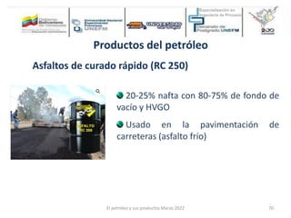 Productos del petróleo
Asfaltos de curado rápido (RC 250)
20-25% nafta con 80-75% de fondo de
vacío y HVGO
Usado en la pavimentación de
carreteras (asfalto frío)
El petróleo y sus productos Marzo 2022 70
 