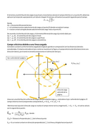 Si tenemosunadistribuciónde cargasnopuntual y necesitamoscalcularel campoeléctrico enunpunto(P),debemos
aplicarel principiode superposición yel cálculo integral.Ental caso utilizamoslaecuación siguiente parael campo:
𝐸
⃗⃗ = 𝑘𝑒 ∫
𝑑𝑞
𝑟2 𝑟̂
Donde
𝑑𝑞 = Elementodiferencial de área
𝑟 = A la distanciaentre cadaelementode cargay el punto(P) donde se evalúael campo.
𝑟̂ = Vectorunitariodirigidodesdecadaelementode carga hacia el punto(P).
De acuerdoa la distribución de cargas,el elementodiferencial de carga 𝑑𝑞 estaría dado por:
𝑑𝑞 = 𝜌𝐿 𝑑𝐿, Si la distribuciónde cargaeslineal.
𝑑𝑞 = 𝜌𝑠 𝑑𝐴, Si la distribuciónde cargaes superficial.
𝑑𝑞 = 𝜌𝑉 𝑑𝑉, Si la distribuciónde cargaes volumétrica.
Campo eléctricodebidoauna líneacargada
Considere unabarrauniformemente cargadade longitud grande encomparaciónconlasdistanciaslaterales
consideradas.Si labarra estásobre el eje z comose muestraenla figura,el campoeléctricode dichabarra tiene una
direcciónlateral,porlotantono tendrácomponente enladirección del ejez.
Línea con una distribuciónuniforme de cargay de densidadde carga 𝜌𝐿, estásobre el eje z saliendode lapágina.El
campo eléctrico tienecomponentes componente Ex ≠ 0,Ey ≠ 0 y 𝐸𝑧 = 0.
Mientrasmás lejosde lalíneade carga se evalúe el campo menorserásumagnitud 𝐸1 > 𝐸2 > 𝐸3, el cual se calcula
con la siguienteecuación.
E
⃗
⃗⃗Lp =
ρL
2 π ε0 |r
⃗⃗LP|
r
̂LP, donde:
|r
⃗LP| = Distancia Perpendicular(⏊)de lalíneaal punto
r
̂LP = Es un vectorunitario endirecciónperpendicular(⏊)alalíneay dirigidohaciael puntoP.
Eje z saliendode lapágina
Línea de carga
saliendode la
página.
𝑃3(xP3,yP3)
𝑃2(xP2,yP2)
𝑃1(xP1,yP1)
 