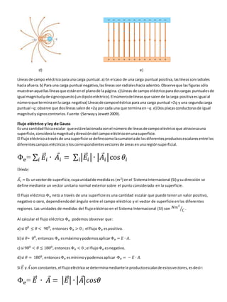 d) e)
Líneas de campo eléctricoparaunacarga puntual.a) En el caso de unacarga puntual positiva,laslíneassonradiales
hacia afuera.b) Para una carga puntual negativa,laslíneassonradialeshacia adentro.Observeque lasfigurassólo
muestranaquellaslíneasque estánenel planode lapágina.c) Líneas de campo eléctricoparadoscargas puntualesde
igual magnitudyde signoopuesto(undipoloeléctrico).El númerode líneasque salende lacarga positivaesigual al
númeroque terminaenlacarga negativa) Líneasde campoeléctricoparauna carga puntual +2𝑞 y una segundacarga
puntual −𝑞; observe que doslíneassalende +2𝑞 por cada una que terminaen−𝑞. e) Dos placasconductorasde igual
magnitudysignoscontrarios.Fuente :(SerwayyJewett2009).
Flujo eléctrico y ley de Gauss
Es una cantidadfísicaescalar que estárelacionadaconel número de líneasde campo eléctricoque atraviesauna
superficie, consideralamagnitudydireccióndel campoeléctricoenunasuperficie.
El flujoeléctricoatravésde unasuperficie se definecomolasumatoriade losdiferentesproductosescalaresentre los
diferentescamposeléctricosyloscorrespondientesvectoresde áreas enunaregiónsuperficial.
Φe= ∑ 𝐸
⃗⃗𝑖
𝑖 ∙ 𝐴
⃗𝑖 = ∑ |𝐸
⃗⃗𝑖| ∙ |𝐴
⃗𝑖|
𝑖 cos 𝜃𝑖
Dónde:
𝐴
⃗𝑖 = Es unvectorde superficie,cuyaunidadde medidaes (𝑚2) enel SistemaInternacional (SI) ysu dirección se
define mediante un vector unitario normal exterior sobre el punto considerado en la superficie.
El flujo eléctrico Φe neto a través de una superficie es una cantidad escalar que puede tener un valor positivo,
negativo o cero, dependiendodel ángulo entre el campo eléctrico y el vector de superficie en las diferentes
regiones. Las unidades de medidas del flujoeléctrico en el Sistema Internacional (SI) son 𝑁𝑚2
𝐶
⁄ .
Al calcular el flujo eléctrico Φe podemos observar que:
a) si 00
≤ 𝜃 < 900
, entonces Φe > 0 ; el flujo Φe espositivo.
b) si 𝜃= 00
, entonces Φe esmáximoypodemosaplicarΦe = 𝐸 ∙ 𝐴.
c) si 900 < 𝜃 ≤ 1800, entonces Φe < 0 ;el flujoΦe esnegativo.
d) si 𝜃 = 1800, entonces Φe esmínimoypodemosaplicar Φe = − 𝐸 ∙ 𝐴.
Si 𝐸
⃗⃗ y 𝐴
⃗son constantes,el flujoeléctricose determinamediante le productoescalarde estosvectores,esdecir:
Φe= 𝐸
⃗⃗ ∙ 𝐴
⃗ = |𝐸
⃗⃗| ∙ |𝐴
⃗|𝑐𝑜𝑠𝜃
 