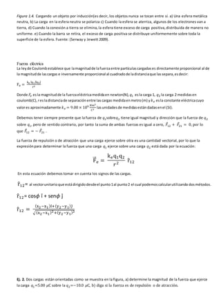 Figura 1.4. Cargando un objeto por inducción(es decir, los objetos nunca se tocan entre sí. a) Una esfera metálica
neutra, b) La carga en la esfera neutra se polariza c) Cuando la esfera se aterriza, algunos de los electrones van a
tierra, d) Cuando la conexión a tierra se elimina,la esfera tiene exceso de carga positiva,distribuida de manera no
uniforme. e) Cuando la barra se retira, el exceso de carga positiva se distribuye uniformemente sobre toda la
superficie de la esfera. Fuente: (Serway y Jewett 2009).
Fuerza eléctrica
La leyde Coulombestablece que lamagnitudde lafuerzaentre partículascargadases directamente proporcional al de
la magnitudde lascargas e inversamente proporcional al cuadradode ladistanciaque lassepara,esdecir:
Fe =
ke |q1||q2|
r2
Donde 𝐹
𝑒 esla magnitudde la fuerzaeléctricamedidaen newton(N), 𝑞1 esla carga 1, 𝑞2 la carga 2 medidasen
coulomb(C),resladistanciade separación entre las cargas medidaenmetro(m) y𝑘𝑒 esla constante eléctricacuyo
valores aproximadamente 𝑘𝑒 = 9.00 × 109 𝑁𝑚2
𝐶2
lasunidadesde medidasestándadasenel (SI).
Debemos tener siempre presente que la fuerza de 𝑞1sobre𝑞2 tiene igual magnitud y dirección que la fuerza de 𝑞2
sobre 𝑞1, pero de sentido contrario, por tanto la suma de ambas fuerzas es igual a cero, 𝐹
⃗12 + 𝐹
⃗21 = 0, por lo
que 𝐹
⃗12 = − 𝐹
⃗21 .
La fuerza de repulsión o de atracción que una carga ejerce sobre otra es una cantidad vectorial, por lo que la
expresiónpara determinar la fuerza que una carga 𝑞1 ejerce sobre una carga 𝑞2 está dada por la ecuación:
F
⃗⃗e =
keq1q2
𝑟2
r
̂12
En esta ecuación debemos tomar en cuenta los signos de las cargas.
r
̂12= al vectorunitario que estádirigido desdeel punto1al punto2 el cual podemoscalcularutilizando dosmétodos.
r
̂12= cos𝜙 î + sen𝜙 ĵ
r
̂12 =
(x2−x1)𝑖̂+(y2−y1)𝑗̂
√(x2−x1)2+(y2−y1)2
Ej. 2. Dos cargas están orientadas como se muestra en la figura, a) determine la magnitud de la fuerza que ejerce
la carga 𝑞1=5.00 𝜇C sobre la 𝑞2=−10.0 𝜇C, b) diga si la fuerza es de repulsión o de atracción.
 