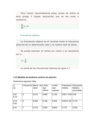 Para indicar resumidamente estas sumas se uti liza la
letra griega Σ (sigma mayúscula) que se lee suma o
sumatoria.
Frecuencia relativa
La frecuencia relativa es el cociente entre la frecuencia
absoluta de un determinado valor y el número total de datos.
Se puede expresar en tantos por ciento y se representa
por ni.
La suma de las frecuencias relativas es igual a 1.
1.2.2 Medidas de tendencia central y de posición
Teniendo la siguiente Tabla.
LI
LS
Frecuencia Marca de
clase
Límite
real
inferior
Límite
real
superior
Frecuencia
relativa
Frecuencia
Relativa
acumulada
5.97 –
6.18
2 6.075 5.965 6.185 2/40 = 0.05 0.05
6.19 –
6.40
5 6.295 6.185 6.405 5/40=0.125 0.175
6.41 – 7 6.515 6.405 6.625 0.175 0.350
 