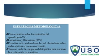ESTRATEGIAS METODOLÓGICAS
Clase expositiva sobre los contenidos del
aprendizaje(67% )
Laboratorios y Discusiones (33%)
Consultas: Actividad mediante la cual, el estudiante aclare
dudas relativas al contenido expuesto.
Tareas ex -aula: Investigación bibliográfica para promover
la involucración en la materia.
 