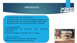- CONSTITUCIÓN DE LA REPÚBLICA
- RECOPILACIÓN DE LEYES EN MATERIA MERCANTIL
- RECOPILACION DE LEYES EN MATERIA TRIBUTARIA
- RECOPILACIÓN DE LEYES EN MATERIA LABORAL
- Lara Velado, Roberto
INTRODUCCIÓN AL ESTUDIO DEL DERECHO
MERCANTIL
Editorial Universitaria, El Salvador, 1972, 2ª. Edición
- De Buen, L. Néstor.
DERECHO DEL TRABAJO (2 VOLUMENES)
Editorial Porrúa, México, 2000, 13ª Edición
BIBLIOGRAFÍA
 