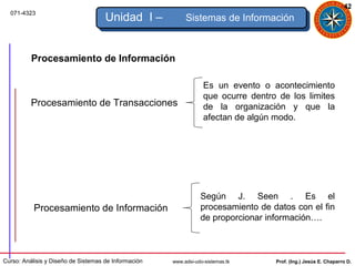 42
  071-4323
                                     Unidad I –            Sistemas de Información



          Procesamiento de Información

                                                                  Es un evento o acontecimiento
                                                                  que ocurre dentro de los limites
          Procesamiento de Transacciones                          de la organización y que la
                                                                  afectan de algún modo.




                                                                 Según J. Seen . Es el
           Procesamiento de Información                          procesamiento de datos con el fin
                                                                 de proporcionar información….



Curso: Análisis y Diseño de Sistemas de Información   www.adsi-udo-sistemas.tk     Prof. (Ing.) Jesús E. Chaparro D.
 