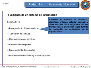 60
  071-4323
                                      Unidad I –            Sistemas de Información



          Funciones de un sistema de Información
                                                              Consiste en capturar o recolectar,
         Según J. Seen                                        clasificar, ordenar, calcular, resumir y
                                                              almacenar los datos asignados por las
                                                              transacciones que tienen lugar durante
        •.- Procesamiento de transacciones                    la realización de actividades en la
                                                              organización.
        • .- Definición de archivos

        •.- Mantenimiento de archivos

        •.- Generación de reportes

        •.- Procesamiento de consultas

        •.- Mantenimiento de la integridad de los datos



Curso: Análisis y Diseño de Sistemas de Información   www.adsi-udo-sistemas.tk      Prof. (Ing.) Jesús E. Chaparro D.
 