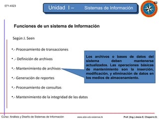 62
  071-4323
                                      Unidad I –            Sistemas de Información



          Funciones de un sistema de Información

         Según J. Seen

        •.- Procesamiento de transacciones
                                                              Los archivos o bases de datos del
        • .- Definición de archivos
                                                              sistema        deben        mantenerse
                                                              actualizados. Las operaciones básicas
        •.- Mantenimiento de archivos                         de mantenimiento son la inserción,
                                                              modificación, y eliminación de datos en
        •.- Generación de reportes                            los medios de almacenamiento.

        •.- Procesamiento de consultas

        •.- Mantenimiento de la integridad de los datos



Curso: Análisis y Diseño de Sistemas de Información   www.adsi-udo-sistemas.tk     Prof. (Ing.) Jesús E. Chaparro D.
 
