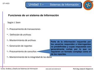 64
  071-4323
                                      Unidad I –            Sistemas de Información



          Funciones de un sistema de Información

         Según J. Seen

        •.- Procesamiento de transacciones

        • .- Definición de archivos

        •.- Mantenimiento de archivos
                                                              Parte de la información requerida por
                                                              los usuarios responden a interrogantes
        •.- Generación de reportes                            no predefinidas y cuyas respuestas son
                                                              generalmente cortas por lo que no
        •.- Procesamiento de consultas                        requieren un formato complejo como el
                                                              de los reportes.
        •.- Mantenimiento de la integridad de los datos



Curso: Análisis y Diseño de Sistemas de Información   www.adsi-udo-sistemas.tk     Prof. (Ing.) Jesús E. Chaparro D.
 