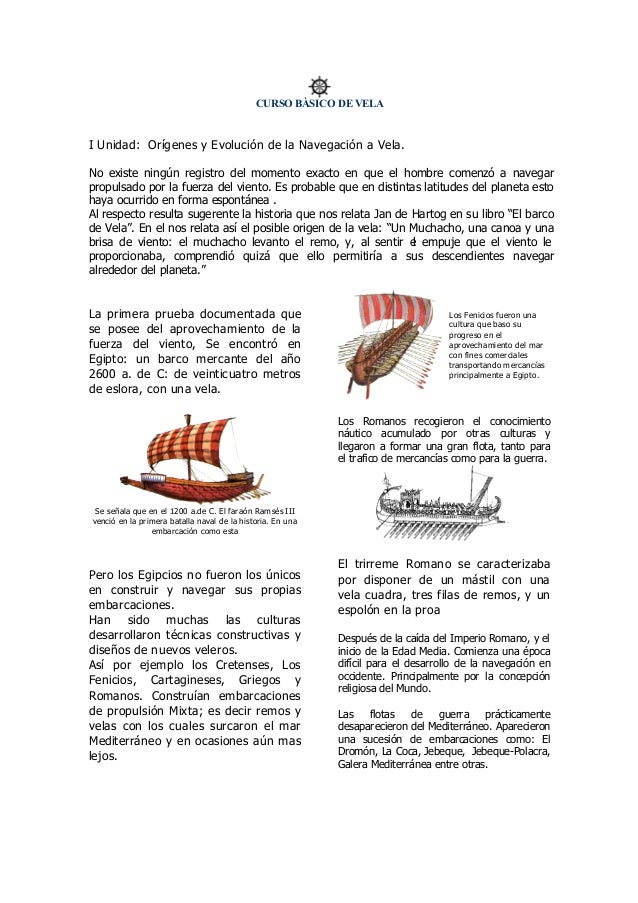 CURSO BÀSICO DE VELA
I Unidad: Orígenes y Evolución de la Navegación a Vela.
No existe ningún registro del momento exacto ...