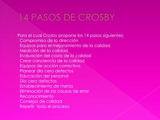      Para el cual Crosby propone los 14 pasos siguientes:
1.     Compromiso de la dirección
2.     Equipos para el mejoramiento de la calidad
3.     Medición de la calidad
4.     Evaluación del costo de la calidad
5.     Crear conciencia de la calidad
6.     Equipos de acción correctiva
7.     Planear día cero defectos
8.     Educación del personal
9.     Día cero defectos
10.    Establecimiento de metas
11.    Eliminación de las causas de error
12.    Reconocimiento
13.    Consejos de calidad
14.    Repetir todo el proceso.
 