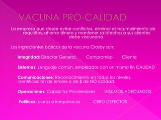 La empresa que desee evitar conflictos, eliminar el incumplimiento de
     requisitos, ahorrar dinero y mantener satisfechos a sus clientes
                             debe vacunarse.

Los ingredientes básicos de la vacuna Crosby son:

   Integridad: Director General.     Compromiso     Cliente

   Sistemas: Lenguaje común, empleados con un mismo fin CALIDAD

   Comunicaciones: Reconocimiento en todos los niveles,
    identificación de errores o de $ de NO calidad.

   Operaciones: Capacitar Proveedores      INSUMOS ADECUADOS

   Políticas: claras e inequívocas     CERO DEFECTOS
 
