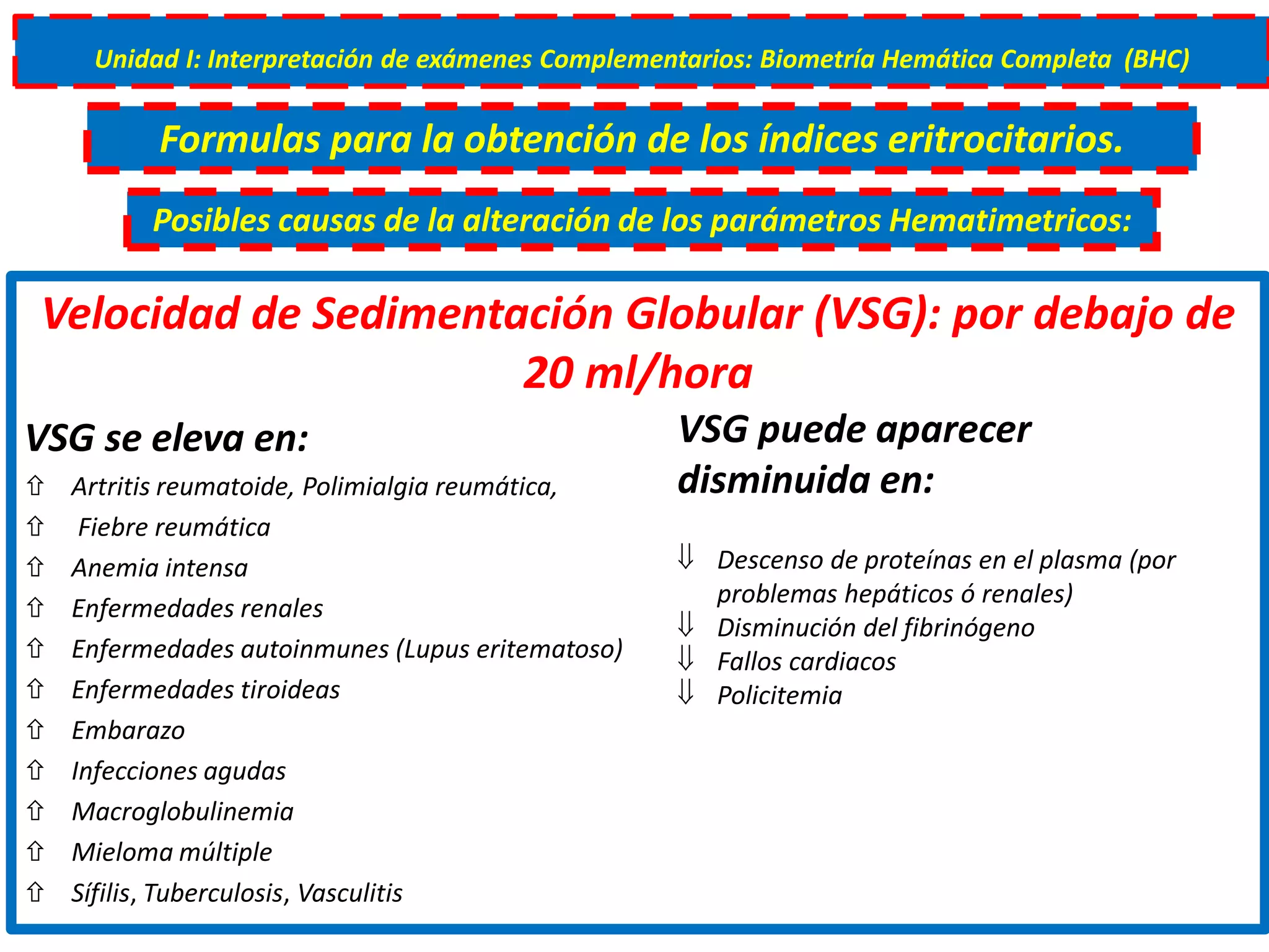 Velocidad de Sedimentación Globular (VSG): por debajo de
20 ml/hora
VSG se eleva en:
 Artritis reumatoide, Polimialgia reumática,
 Fiebre reumática
 Anemia intensa
 Enfermedades renales
 Enfermedades autoinmunes (Lupus eritematoso)
 Enfermedades tiroideas
 Embarazo
 Infecciones agudas
 Macroglobulinemia
 Mieloma múltiple
 Sífilis, Tuberculosis, Vasculitis
Unidad I: Interpretación de exámenes Complementarios: Biometría Hemática Completa (BHC)
Formulas para la obtención de los índices eritrocitarios.
Posibles causas de la alteración de los parámetros Hematimetricos:
VSG puede aparecer
disminuida en:
 Descenso de proteínas en el plasma (por
problemas hepáticos ó renales)
 Disminución del fibrinógeno
 Fallos cardiacos
 Policitemia
 