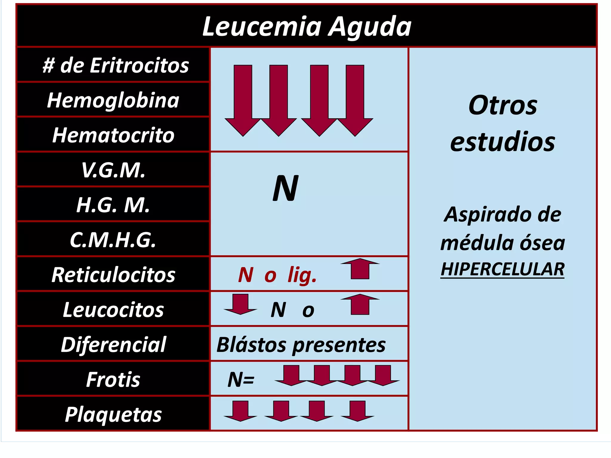 Leucemia Aguda
# de Eritrocitos
Otros
estudios
Aspirado de
médula ósea
HIPERCELULAR
Hemoglobina
Hematocrito
V.G.M.
NH.G. M.
C.M.H.G.
Reticulocitos N o lig.
Leucocitos N o
Diferencial Blástos presentes
Frotis N=
Plaquetas
 
