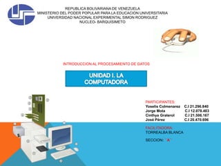 REPUBLICA BOLIVARIANA DE VENEZUELA
MINISTERIO DEL PODER POPULAR PARA LA EDUCACION UNIVERSITARIA
UNIVERSIDAD NACIONAL EXPERIMENTAL SIMON RODRIGUEZ
NUCLEO- BARQUISIMETO
INTRODUCCION AL PROCESAMIENTO DE DATOS
FACILITADORA:
TORREALBA BLANCA
SECCION: ´´A´´
PARTICIPANTES:
Yoselis Colmenarez C.I 21.296.840
Jorge Mota C.I 12.078.483
Cinthya Graterol C.I 21.506.167
José Pérez C.I 20.470.696
 