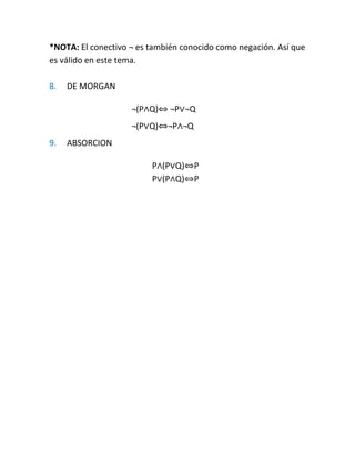 *NOTA: El conectivo ¬ es también conocido como negación. Así que
es válido en este tema.
8.

DE MORGAN
¬(P∧Q)⇔ ¬P∨¬Q
¬(P∨Q)⇔¬P∧¬Q

9.

ABSORCION
P∧(P∨Q)⇔P
P∨(P∧Q)⇔P

 