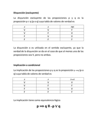 Disyunción (excluyente)
La disyunción excluyente de las proposiciones p y q es la
proposición p q (p o q) cuya tabla de valores de verdad es
p

p

p⊻q

V
V
F
F

V
F
V
F

F
V
V
F

La disyunción o es utilizada en el sentido excluyente, ya que la
verdad de la disyunción se da en el caso de que al menos una de las
proposiciones sea V, pero no ambas.

Implicación o condicional
La implicación de las proposiciones p y q es la proposición p
q) cuya tabla de valores de verdad es
p

p

V
V
F
F

V
F
V
F

La implicación tiene como equivalencia lógica

p ⟹ q ≡ ∼p ∨ q

p

V
F
V
F

q

q

(p o

 