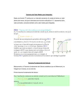 Teorema del Valor Medio para Integrales:

Dada una función "f" continua en un intervalo cerrado [a, b], existe al menos un valor
dentro del mismo, tal que la derivada de la función evaluada en "c", representa dicho
valor promedio, conocido también como valor medio para integrales.




                         Teorema Fundamental del Cálculo

Básicamente, el Teorema fundamental del Cálculo establece que el Diferencial y la
Integral son inversos, el uno del otro.

Primer teorema fundamental del cálculo:
 