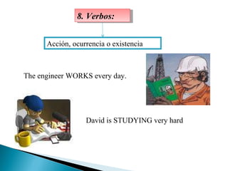 8. Verbos: The engineer WORKS every day. David is STUDYING very hard Acción, ocurrencia o existencia 