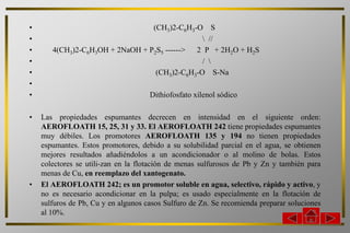 •                                (CH3)2-C6H3-O S
•                                               //
•      4(CH3)2-C6H3OH + 2NaOH + P2S5 ------> 2 P + 2H2O + H2S
•                                              / 
•                                 (CH3)2-C6H3-O S-Na
•
•                                    Dithiofosfato xilenol sódico

•   Las propiedades espumantes decrecen en intensidad en el siguiente orden:
    AEROFLOATH 15, 25, 31 y 33. El AEROFLOATH 242 tiene propiedades espumantes
    muy débiles. Los promotores AEROFLOATH 135 y 194 no tienen propiedades
    espumantes. Estos promotores, debido a su solubilidad parcial en el agua, se obtienen
    mejores resultados añadiéndolos a un acondicionador o al molino de bolas. Estos
    colectores se utili-zan en la flotación de menas sulfurosos de Pb y Zn y también para
    menas de Cu, en reemplazo del xantogenato.
•   El AEROFLOATH 242; es un promotor soluble en agua, selectivo, rápido y activo, y
    no es necesario acondicionar en la pulpa; es usado especialmente en la flotación de
    sulfuros de Pb, Cu y en algunos casos Sulfuro de Zn. Se recomienda preparar soluciones
    al 10%.
 