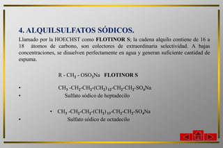 4. ALQUILSULFATOS SÓDICOS.
Llamado por la HOECHST como FLOTINOR S; la cadena alquilo contiene de 16 a
18 átomos de carbono, son colectores de extraordinaria selectividad. A bajas
concentraciones, se disuelven perfectamente en agua y generan suficiente cantidad de
espuma.

                 R - CH2 - OSO3Na FLOTINOR S

•                CH3 -CH2-CH2-(CH2) 12-CH2-CH2-SO4Na
•                  Sulfato sódico de heptadecilo

             • CH3 -CH2-CH2-(CH2) 13-CH2-CH2-SO4Na
•                 Sulfato sódico de octadecilo
 