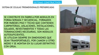 SISTEMAS CONSTRUCTIVOS
SISTEMA DE CELULAS TRIDIMENSIONALES PREFABRICADAS
SE CONSTRUYE EN FABRICA POR MODULOS EN
FORMA SERIADA Y SECUENCIAL, FORMADOS
POR PAREDES PISO Y TECHO QUE CONTIENEN
CARPINTERIAS, AISLACIONES, INSTALACIONES,
SOLADOS, REVESTIMIENTOS Y TODAS LAS
TERMINACIONES NECESARIAS, SON MODULOS
AUTOSUFICIENTES.
SE UTILIZAN SIEMPRE EN DIMENSIONES QUE
SEAN TRANSPORTABLES, POR CAMION U OTRO
MEDIO Y SE MONTAN EN SU LUGAR DEFINITIVO
CON GRUA.
 