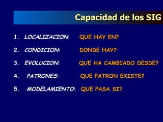 1.  LOCALIZACION :   QUE HAY EN? 2.  CONDICION :   DONDE HAY? 3.  EVOLUCION :   QUE HA CAMBIADO DESDE?   4.  PATRONES :   QUE PATRON EXISTE?   5.  MODELAMIENTO :   QUE PASA SI?   Capacidad de los SIG 