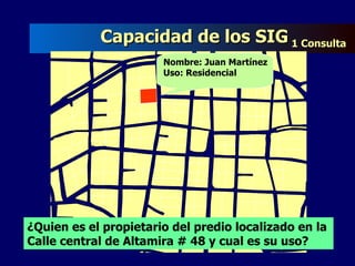 ¿Quien es el propietario del predio localizado en la Calle central de Altamira # 48 y cual es su uso? Nombre: Juan Martínez Uso: Residencial Capacidad de los SIG  1 Consulta   