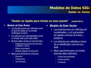 Modelo de Dato Raster  Las localizaciones son referidas como un grid de celdas en un arreglo rectangular (matriz) Los atributos son representados como un simple valor para cada celda Muchos datos vienen en este formato:  Imágenes de los Sensores Remotos (LANDSAT, SPOT) Mapas escaneados Modelos Digitales de Elevación Mejor para fenómenos continuos: Elevación  Temperatura Tipo de Suelo Modelo de Dato Vector Las localizaciones son referidas por coordenadas x, y el cual pueden ser ligadas a formas de líneas y polígonos Los atributos son referidos a través de un Identificador único de una tabla.  Mejor para fenómenos con limites discretos (Bien definidos) Limites de propiedades Limites políticos Transporte “ Raster es rápido pero Vector es mas exacto”  Joseph Berry Modelos de Datos SIG:   Raster vs. Vector 