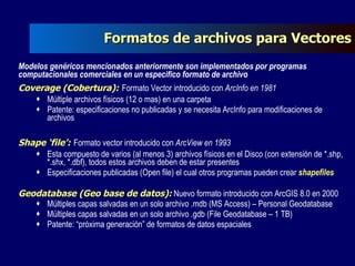 Formatos de archivos para Vectores Modelos genéricos mencionados anteriormente son implementados por programas computacionales comerciales en un especifico formato de archivo Coverage (Cobertura):   Formato Vector introducido con  ArcInfo en 1981  Múltiple archivos físicos (12 o mas) en una carpeta Patente: especificaciones no publicadas y se necesita ArcInfo para modificaciones de archivos Shape ‘file’:   Formato vector introducido con  ArcView en 1993 Esta compuesto de varios (al menos 3) archivos físicos en el Disco (con extensión de *.shp, *.shx, *.dbf), todos estos archivos deben de estar presentes  Especificaciones publicadas (Open file) el cual otros programas pueden crear  shapefiles Geodatabase (Geo base de datos):  Nuevo formato introducido con ArcGIS 8.0 en 2000 Múltiples capas salvadas en un solo archivo .mdb (MS Access) – Personal Geodatabase Múltiples capas salvadas en un solo archivo .gdb (File Geodatabase – 1 TB) Patente: “próxima generación” de formatos de datos espaciales 