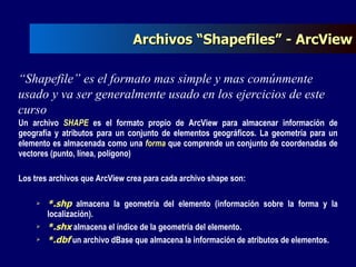 Un archivo  SHAPE  es el formato propio de ArcView para almacenar información de geografía y atributos para un conjunto de elementos geográficos. La geometría para un elemento es almacenada como una  forma  que comprende un conjunto de coordenadas de vectores (punto, línea, polígono)  Los tres archivos que ArcView crea para cada archivo shape son: *.shp  almacena la geometría del elemento (información sobre la forma y la localización).  *.shx  almacena el índice de la geometría del elemento.  *.dbf  un archivo dBase que almacena la información de atributos de elementos. Archivos “Shapefiles” - ArcView “ Shapefile” es el formato mas simple y mas comúnmente usado y va ser generalmente usado en los ejercicios de este curso   