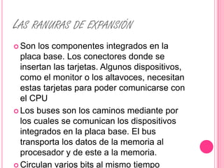 LAS RANURAS DE EXPANSIÓN
 Son  los componentes integrados en la
  placa base. Los conectores donde se
  insertan las tarjetas. Algunos dispositivos,
  como el monitor o los altavoces, necesitan
  estas tarjetas para poder comunicarse con
  el CPU
 Los buses son los caminos mediante por
  los cuales se comunican los dispositivos
  integrados en la placa base. El bus
  transporta los datos de la memoria al
  procesador y de este a la memoria.
 Circulan varios bits al mismo tiempo
 
