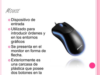 MOUSE
 Dispositivo   de
  entrada
 Utilizado para
  introducir órdenes y
  en los entornos
  gráficos
 Se presenta en el
  monitor en forma de
  flecha.
 Exteriormente es
  una carcasa de
  plástica que posee
  dos botones en la
 