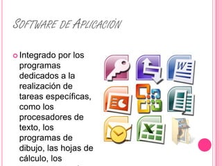 SOFTWARE DE APLICACIÓN

 Integrado por los
 programas
 dedicados a la
 realización de
 tareas específicas,
 como los
 procesadores de
 texto, los
 programas de
 dibujo, las hojas de
 cálculo, los
 