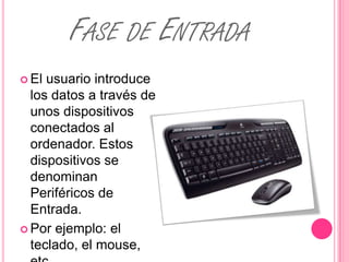 FASE DE ENTRADA
 El usuario introduce
  los datos a través de
  unos dispositivos
  conectados al
  ordenador. Estos
  dispositivos se
  denominan
  Periféricos de
  Entrada.
 Por ejemplo: el
  teclado, el mouse,
 