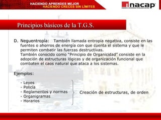 Principios básicos de la T.G.S. D. Neguentropía:  También llamada entropía negativa, consiste en las fuentes o ahorros de energía con que cuenta el sistema y que le permiten combatir las fuerzas destructivas. También conocido como “Principio de Organicidad” consiste en la adopción de estructuras lógicas y de organización funcional que combaten el caos natural que ataca a los sistemas. Ejemplos: - Leyes  - Policía - Reglamentos y normas - Organigramas - Horarios Creación de estructuras, de orden 