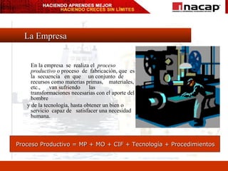 La Empresa En la empresa  se  realiza el  proceso productivo  o proceso  de  fabricación, que  es  la  secuencia  en  que  un conjunto  de recursos como materias primas,  materiales,  etc.,  van sufriendo  las  transformaciones necesarias con el aporte del  hombre  y de la tecnología, hasta obtener un bien o  servicio  capaz de  satisfacer una necesidad humana. Proceso Productivo = MP + MO + CIF + Tecnología + Procedimientos 