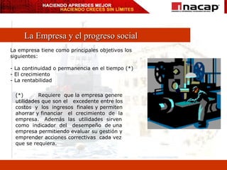 La Empresa y el progreso social La empresa tiene como principales objetivos los siguientes: - La continuidad o permanencia en el tiempo (*) - El crecimiento - La rentabilidad (*) Requiere  que la empresa genere  utilidades  que son el  excedente entre los costos  y  los  ingresos  finales y permiten  ahorrar y financiar  el  crecimiento  de  la  empresa.  Además  las  utilidades  sirven  como  indicador  del  desempeño  de una  empresa permitiendo evaluar su gestión y emprender acciones correctivas  cada vez que se requiera . 