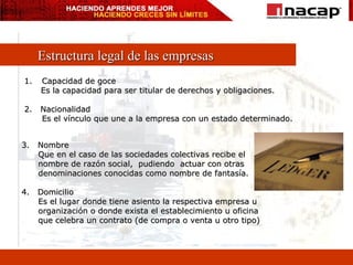 Estructura legal de las empresas Capacidad de goce Es la capacidad para ser titular de derechos y obligaciones. 2.  Nacionalidad Es el vínculo que une a la empresa con un estado determinado. 3.  Nombre Que en el caso de las sociedades colectivas recibe el  nombre de razón social,  pudiendo  actuar con otras  denominaciones conocidas como nombre de fantasía.  4.  Domicilio Es el lugar donde tiene asiento la respectiva empresa u  organización o donde exista el establecimiento u oficina que celebra un contrato (de compra o venta u otro tipo) 