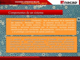 Componentes de un sistema 3. Corrientes de salida  (Outputs):  Son el resultado de la operación del  sistema.  Mediante  estas,  el  sistema  envía  su  producto  resultante  al  medio  externo.  Se identifican claramente con los bienes  y  servicios  originados  por  el  sistema,  aunque  pueden identificarse otras  corrientes  de exportación  como la información  y el prestigio (corrientes de salida positivas). Lo  anterior  significa que el sistema  también  puede  generar  corrientes  de  salida  negativas  ( contaminación  ambiental,  desechos,  productos  defectuosos).  Cuando  las  corrientes de  salida positivas superar a las negativas,  se dice que el sistema ha  sido  legalizado por el medio o sociedad haciéndose VIABLE. 