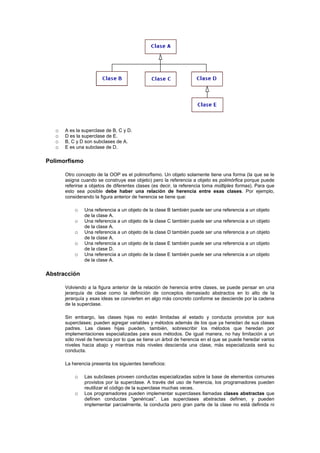 o A es la superclase de B, C y D.
o D es la superclase de E.
o B, C y D son subclases de A.
o E es una subclase de D.
Polimorfismo
Otro concepto de la OOP es el polimorfismo. Un objeto solamente tiene una forma (la que se le
asigna cuando se construye ese objeto) pero la referencia a objeto es polimórfica porque puede
referirse a objetos de diferentes clases (es decir, la referencia toma múltiples formas). Para que
esto sea posible debe haber una relación de herencia entre esas clases. Por ejemplo,
considerando la figura anterior de herencia se tiene que:
o Una referencia a un objeto de la clase B también puede ser una referencia a un objeto
de la clase A.
o Una referencia a un objeto de la clase C también puede ser una referencia a un objeto
de la clase A.
o Una referencia a un objeto de la clase D también puede ser una referencia a un objeto
de la clase A.
o Una referencia a un objeto de la clase E también puede ser una referencia a un objeto
de la clase D.
o Una referencia a un objeto de la clase E también puede ser una referencia a un objeto
de la clase A.
Abstracción
Volviendo a la figura anterior de la relación de herencia entre clases, se puede pensar en una
jerarquía de clase como la definición de conceptos demasiado abstractos en lo alto de la
jerarquía y esas ideas se convierten en algo más concreto conforme se desciende por la cadena
de la superclase.
Sin embargo, las clases hijas no están limitadas al estado y conducta provistos por sus
superclases; pueden agregar variables y métodos además de los que ya heredan de sus clases
padres. Las clases hijas pueden, también, sobrescribir los métodos que heredan por
implementaciones especializadas para esos métodos. De igual manera, no hay limitación a un
sólo nivel de herencia por lo que se tiene un árbol de herencia en el que se puede heredar varios
niveles hacia abajo y mientras más niveles descienda una clase, más especializada será su
conducta.
La herencia presenta los siguientes beneficios:
o Las subclases proveen conductas especializadas sobre la base de elementos comunes
provistos por la superclase. A través del uso de herencia, los programadores pueden
reutilizar el código de la superclase muchas veces.
o Los programadores pueden implementar superclases llamadas clases abstractas que
definen conductas "genéricas". Las superclases abstractas definen, y pueden
implementar parcialmente, la conducta pero gran parte de la clase no está definida ni
 