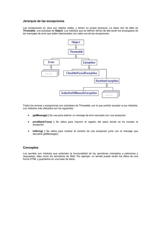 Jerarquía de las excepciones
Las excepciones en Java son objetos reales, y tienen su propia jerarquía. La clase raíz de ellas es
Throwable, una subclase de Object. Los métodos que se definen dentro de ella serán los encargados de
los mensajes de error que estén relacionados con cada una de las excepciones.
Todos los errores y excepciones son subclases de Throwable, por lo que podrán acceder a sus métodos.
Los métodos más utilizados son los siguientes:
• getMessage( ) Se usa para obtener un mensaje de error asociado con una excepción.
• printStackTrace( ) Se utiliza para imprimir el registro del stack donde se ha iniciado la
excepción.
• toString( ) Se utiliza para mostrar el nombre de una excepción junto con el mensaje que
devuelve getMessage().
Conceptos
Los servlets son módulos que extienden la funcionalidad de los servidores orientados a peticiones y
respuestas, tales como los servidores de Web. Por ejemplo, un servlet puede recibir los datos de una
forma HTML y guardarlos en una base de datos.
 