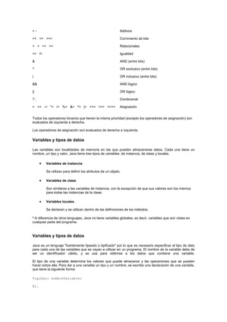 + - Aditivos
<< >> >>> Corrimiento de bits
< > <= >= Relacionales
== != Igualdad
& AND (entre bits)
^ OR exclusivo (entre bits)
| OR inclusivo (entre bits)
&& AND lógico
|| OR lógico
? : Condicional
= += -= *= /= %= &= ^= |= <<= >>= >>>= Asignación
Todos los operadores binarios que tienen la misma prioridad (excepto los operadores de asignación) son
evaluados de izquierda a derecha.
Los operadores de asignación son evaluados de derecha a izquierda.
Variables y tipos de datos
Las variables son localidades de memoria en las que pueden almacenarse datos. Cada una tiene un
nombre, un tipo y valor. Java tiene tres tipos de variables: de instancia, de clase y locales.
• Variables de instancia.
Se utilizan para definir los atributos de un objeto.
• Variables de clase.
Son similares a las variables de instancia, con la excepción de que sus valores son los mismos
para todas las instancias de la clase.
• Variables locales.
Se declaran y se utilizan dentro de las definiciones de los métodos.
* A diferencia de otros lenguajes, Java no tiene variables globales, es decir, variables que son vistas en
cualquier parte del programa.
Variables y tipos de datos
Java es un lenguaje "fuertemente tipeado o tipificado" por lo que es necesario especificar el tipo de dato
para cada una de las variables que se vayan a utilizar en un programa. El nombre de la variable debe de
ser un identificador válido, y se usa para referirse a los datos que contiene una variable.
El tipo de una variable determina los valores que puede almacenar y las operaciones que se pueden
hacer sobre ella. Para dar a una variable un tipo y un nombre, se escribe una declaración de una variable,
que tiene la siguiente forma:
TipoDato nombreVariable;
Ej.
 