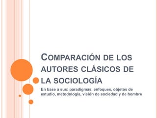 COMPARACIÓN DE LOS
AUTORES CLÁSICOS DE
LA SOCIOLOGÍA
En base a sus: paradigmas, enfoques, objetos de
estudio, metodología, visión de sociedad y de hombre
 