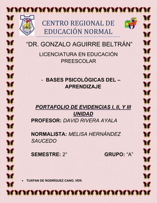 CENTRO REGIONAL DE
EDUCACION NORMAL
“DR. GONZALO AGUIRRE BELTRÁN”
LICENCIATURA EN EDUCACIÓN
PREESCOLAR
- BASES PSICOLÓGICAS DEL –
APRENDIZAJE
PORTAFOLIO DE EVIDENCIAS I, II, Y III
UNIDAD
PROFESOR: DAVID RIVERA AYALA
NORMALISTA: MELISA HERNÁNDEZ
SAUCEDO
SEMESTRE: 2° GRUPO: “A”
 TUXPAN DE RODRÍGUEZ CANO, VER.
 