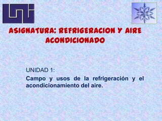 ASIGNATURA: REFRIGERACION Y AIRE ACONDICIONADO UNIDAD 1: Campo y usos de la refrigeración y el acondicionamiento del aire. 