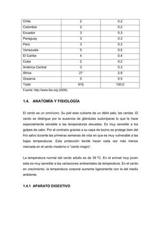 Chile                                   2                         0.2
Colombia                                2                         0.2
Ecuador                                 3                         0.3
Paraguay                                3                         0.3
Perú                                    3                         0.3
Venezuela                               5                         0.5
El Caribe                               4                         0.4
Cuba                                    2                         0.2
América Central                         3                         0.3
África                                 27                         2.9
Oceanía                                 5                         0.5
Total:                                916                        100.0
Fuente: http://www.fao.org (2006)


1.4. ANATOMÍA Y FISIOLOGÍA


El cerdo es un omnívoro. Su piel esta cubierta de un débil pelo, las cerdas .El
cerdo se distingue por la ausencia de glándulas sudoríparas lo que le hace
especialmente sensible a las temperaturas elevadas. Es muy sensible a los
golpes de calor. Por el contrario gracias a su capa de tocino se protege bien del
frío salvo durante las primeras semanas de vida en que es muy vulnerable a las
bajas temperaturas .Esta protección tiende hacer cada vez más menos
marcada en el cerdo moderno o “cerdo magro“.


La temperatura normal del cerdo adulto es de 39 ºC. En el animal muy joven
esta es muy sensible a las variaciones ambientales de temperatura. En el cerdo
en crecimiento, la temperatura corporal aumenta ligeramente con la del medio
ambiente.


1.4.1 APARATO DIGESTIVO
 