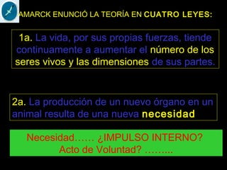 LAMARCK ENUNCIÓ LA TEORÍA EN CUATRO LEYES:
2a. La producción de un nuevo órgano en un
animal resulta de una nueva necesidad
Necesidad…… ¿IMPULSO INTERNO?
Acto de Voluntad? ……...
1a. La vida, por sus propias fuerzas, tiende
continuamente a aumentar el número de los
seres vivos y las dimensiones de sus partes.
 