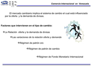 Comercio Internacional  en  Venezuela  El mercado cambiario implica el sistema de cambio el cual está influenciado por la oferta  y la demanda de divisas. Factores que intervienen en el tipo de cambio: La Relación  oferta y la demanda de divisas   Las  variaciones de la relación oferta y demanda  Régimen de Fondo Monetario Internacional  Régimen de patrón de cambio  Régimen de patrón oro  