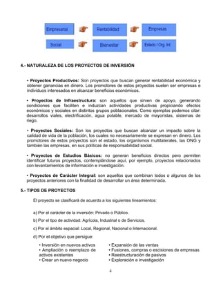 4.- NATURALEZA DE LOS PROYECTOS DE INVERSIÓN


  • Proyectos Productivos: Son proyectos que buscan generar rentabilidad económica y
  obtener ganancias en dinero. Los promotores de estos proyectos suelen ser empresas e
  individuos interesados en alcanzar beneficios económicos.

  • Proyectos de Infraestructura: son aquellos que sirven de apoyo, generando
  condiciones que faciliten e induzcan actividades productivas propiciando efectos
  económicos y sociales en distintos grupos poblacionales. Como ejemplos podemos citar:
  desarrollos viales, electrificación, agua potable, mercado de mayoristas, sistemas de
  riego.

  • Proyectos Sociales: Son los proyectos que buscan alcanzar un impacto sobre la
  calidad de vida de la población, los cuales no necesariamente se expresan en dinero. Los
  promotores de estos proyectos son el estado, los organismos multilaterales, las ONG y
  también las empresas, en sus políticas de responsabilidad social.

  • Proyectos de Estudios Básicos: no generan beneficios directos pero permiten
  identificar futuros proyectos, contemplándose aquí, por ejemplo, proyectos relacionados
  con levantamientos de información e investigación.

  • Proyectos de Carácter Integral: son aquellos que combinan todos o algunos de los
  proyectos anteriores con la finalidad de desarrollar un área determinada.

5.- TIPOS DE PROYECTOS

     El proyecto se clasificará de acuerdo a los siguientes lineamientos:

     a) Por el carácter de la inversión: Privado o Público.
     b) Por el tipo de actividad: Agrícola, Industrial o de Servicios.
     c) Por el ámbito espacial: Local, Regional, Nacional o Internacional.
     d) Por el objetivo que persigue:
        • Inversión en nuevos activos           • Expansión de las ventas
        • Ampliación o reemplazo de             • Fusiones, compras o escisiones de empresas
        activos existentes                      • Reestructuración de pasivos
        • Crear un nuevo negocio                • Exploración e investigación

                                                 4
 