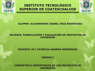 INSTITUTO TECNOLÓGICO
      SUPERIOR DE COATZACOALCOS



     ALUMNA: ALEJANDRINA ISABEL CRUZ RODRÍGUEZ




MATERIA: FORMULACIÓN Y EVALUACIÓN DE PROYECTOS DE
                   INVERSIÓN




     DOCENTE: M.I. PATRICIA GAMBOA RODRÍGUEZ


                    UNIDAD I


   CONCEPTOS E IMPORTANCIA DE LOS PROYECTOS DE
                   INVERSIÓN
 